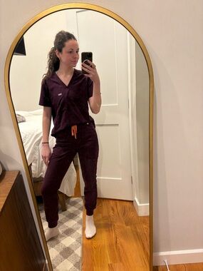 Figs Women’s Jogger Scrub Set in Plum with Orange Drawstring